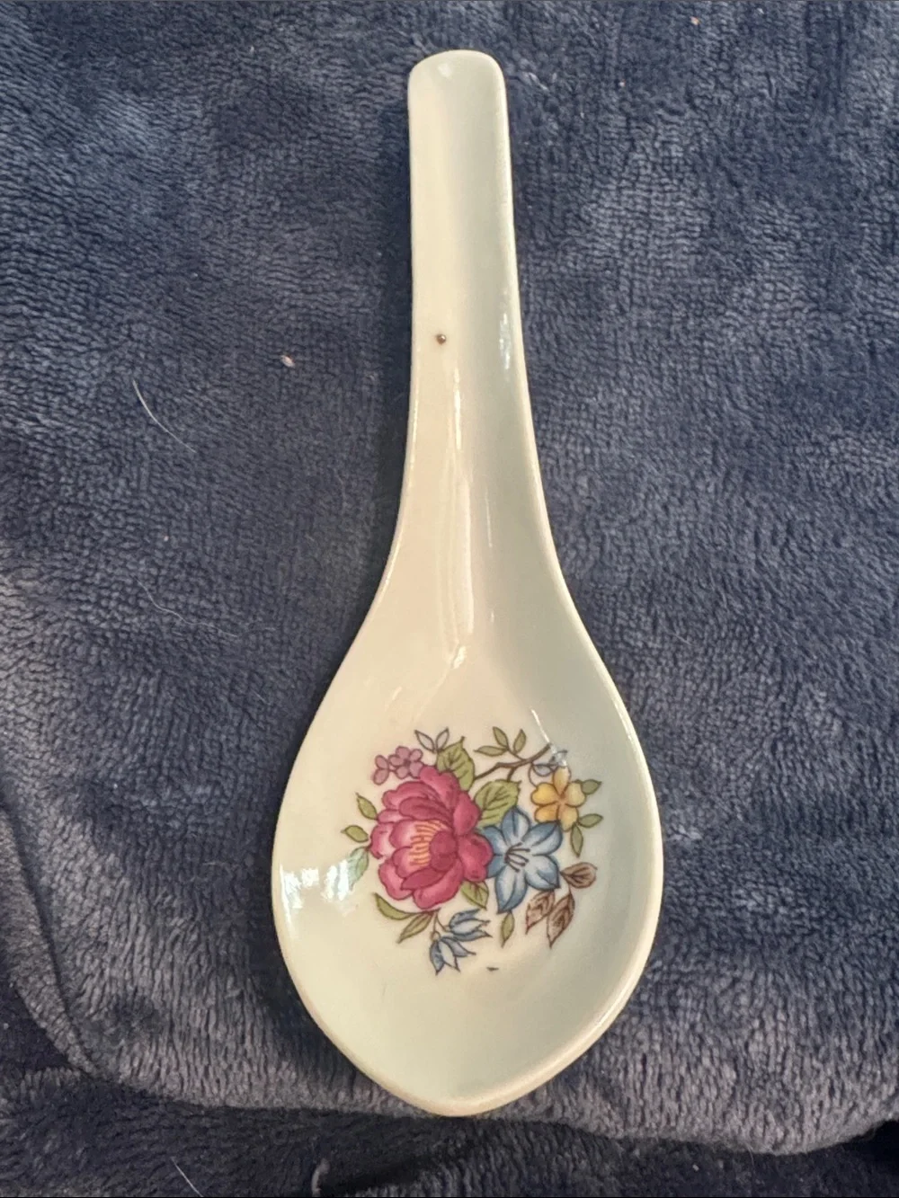 Floral Ceramic Soup Spoon in White with Pink and Blue Flower Motif